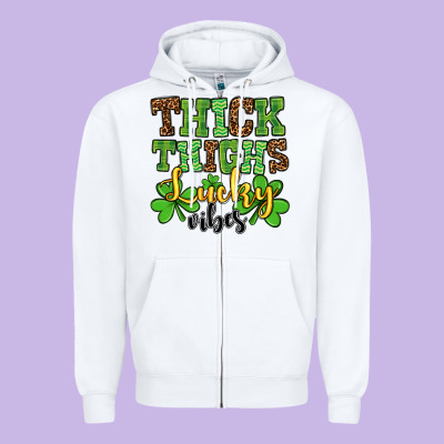 St. Patrick's Thick Thighs Lucky Vibes Zipper Hoodie Designed By Oliviacreatesart