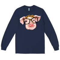 Navy sunflowers with pig Long Sleeve Tee - RanaPortraitStore