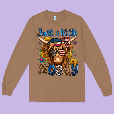 Just A Little Moody 4th Of July Long Haired Cow Long Sleeve Tee Designed By Jasminsmagicworld