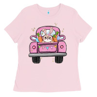 Bubblegum Pink easter bunny and truck Ladies Tee - MaliasSmallBusiness