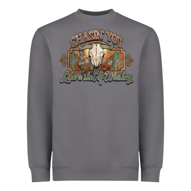 Chasin You Like A Shot Of Whiskey Bull Skull Heavyweight Sweatshirt by HowdyJamesFarm | Teevron