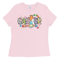 Bubblegum Pink easter cross with bunny Ladies Tee - MaliasSmallBusiness
