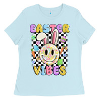 Baby Blue easter vibes smiley face Ladies Tee - MaliasSmallBusiness