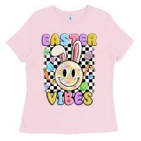 Bubblegum Pink easter vibes smiley face Ladies Tee - MaliasSmallBusiness