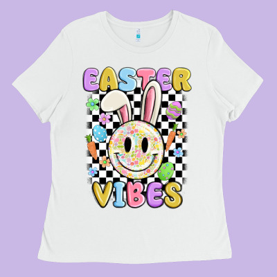 Easter Vibes Smiley Face Ladies Tee Designed By Maliassmallbusiness
