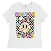 White easter vibes smiley face Ladies Tee - MaliasSmallBusiness