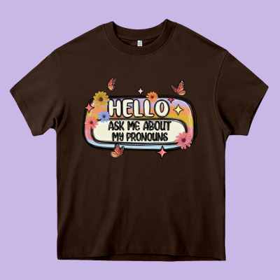 Ask Me About My Pronouns Heavy Core Tee Designed By Maliassmallbusiness