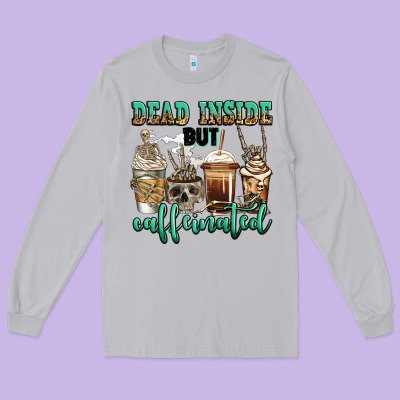 Dead Inside But Caffeinated Skeleton Coffee Cups Long Sleeve Tee Designed By Jasminsmagicworld