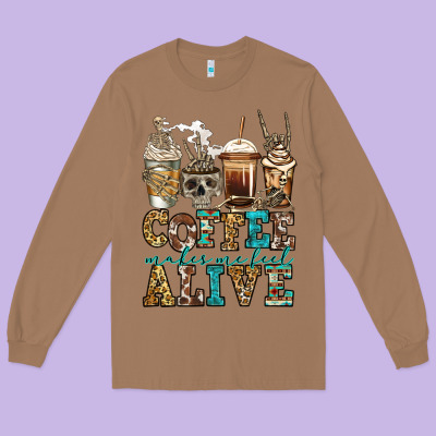 Coffee Makes Me Feel Alive Skeleton Coffee Cups Long Sleeve Tee Designed By Jasminsmagicworld