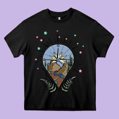 Compass With Mountain Heavy Core Tee Designed By Maliassmallbusiness