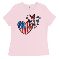 Bubblegum Pink 4th of july american flag heart butterfly Ladies Tee - MaliasSmallBusiness