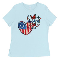 Baby Blue 4th of july american flag heart butterfly Ladies Tee - MaliasSmallBusiness