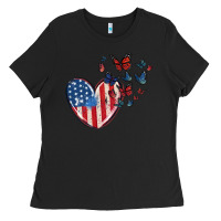 Black 4th of july american flag heart butterfly Ladies Tee - MaliasSmallBusiness