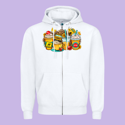 School Bus Coffee Cups Zipper Hoodie Designed By Oliviacreatesart