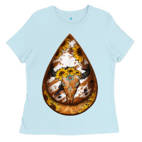 Baby Blue sunflower tooled leather bullskull teardrop earrings Ladies Tee - Jasminsmagicworld