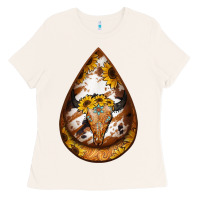Bone sunflower tooled leather bullskull teardrop earrings Ladies Tee - Jasminsmagicworld