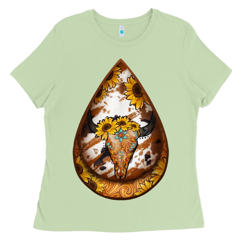 Sunflower Tooled Leather Bullskull Teardrop Earrings Ladies Tee by Jasminsmagicworld | Teevron