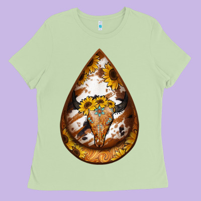 Sunflower Tooled Leather Bullskull Teardrop Earrings Ladies Tee Designed By Jasminsmagicworld