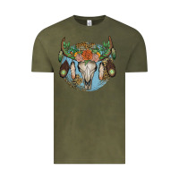 Vintage Olive floral feather bull skull Vintage Tee - JahusDesignShop