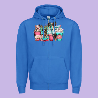 Pig Coffee Cups Zipper Hoodie Designed By Oliviacreatesart