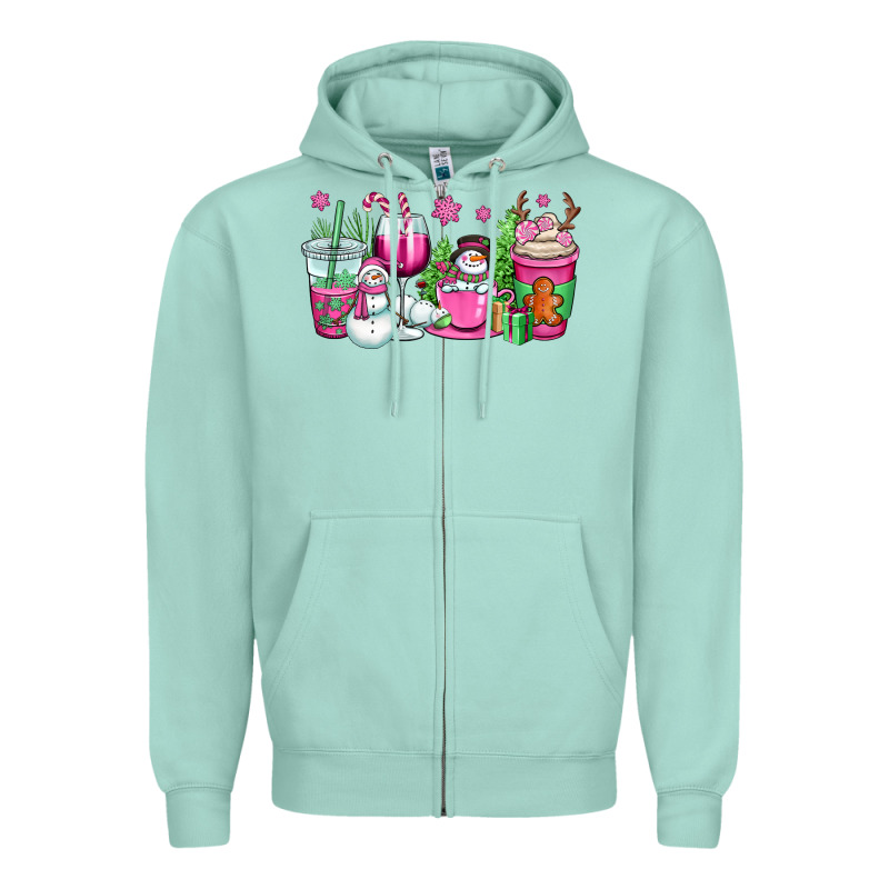 Pink Christmas Snowman Coffee Cups Zipper Hoodie by OliviaCreatesArt | Teevron