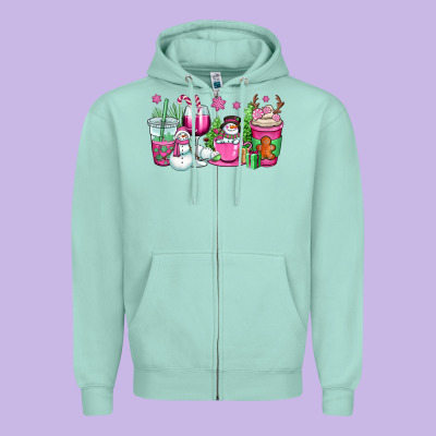 Pink Christmas Snowman Coffee Cups Zipper Hoodie Designed By Oliviacreatesart