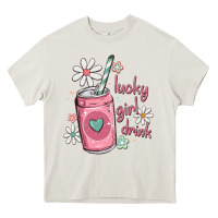 Cream lucky girl drink Heavy Core Tee - MaliasSmallBusiness