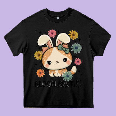 Bloom Bestie Cat Heavy Core Tee Designed By Maliassmallbusiness