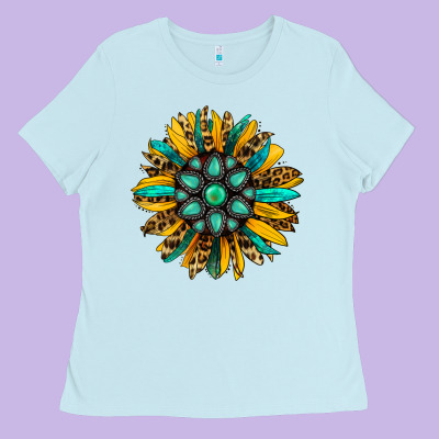 Turquoise Leopard Sunflower Ladies Tee Designed By Jasminsmagicworld