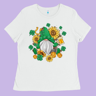 St Patrick's Day Shamrock Sunflowers Gnome Ladies Tee Designed By Maliassmallbusiness