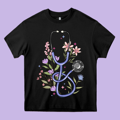 Floral Stethoscope Heavy Core Tee Designed By Maliassmallbusiness