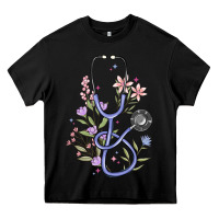 Black floral stethoscope Heavy Core Tee - MaliasSmallBusiness