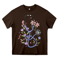 Chocolate Brown floral stethoscope Heavy Core Tee - MaliasSmallBusiness