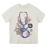 Cream floral stethoscope Heavy Core Tee - MaliasSmallBusiness