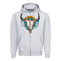 Heather Grey sunflower gemstone bull skull Zipper Hoodie - OliviaCreatesArt