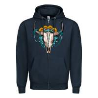 Navy sunflower gemstone bull skull Zipper Hoodie - OliviaCreatesArt