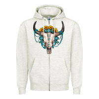 Oatmeal Heather sunflower gemstone bull skull Zipper Hoodie - OliviaCreatesArt