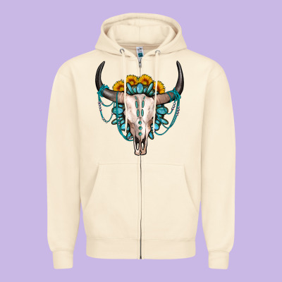 Sunflower Gemstone Bull Skull Zipper Hoodie Designed By Oliviacreatesart