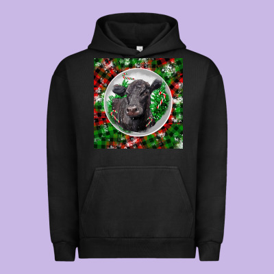 Christmas Black Angus Cow Urban Hoodie Designed By Lillyallendesigns