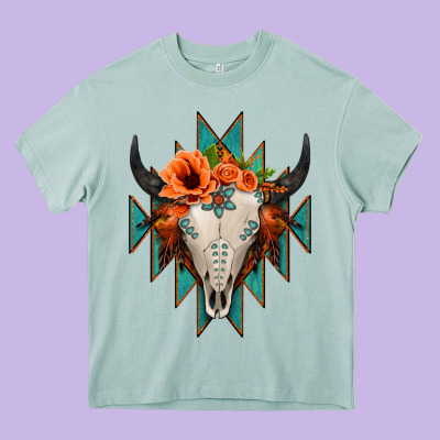 Aztec Turquoise Bull Skull Heavy Core Tee Designed By Jasminsmagicworld