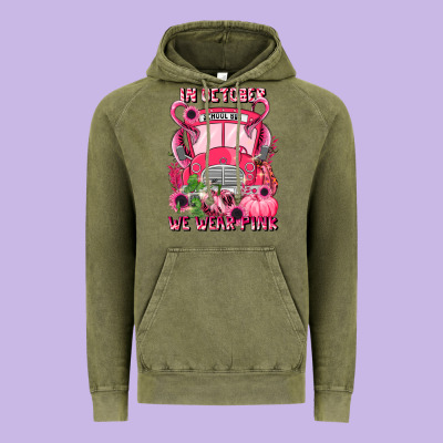 In October We Wear Pink Halloween School Bus Vintage Hoodie Designed By Lillyallendesigns