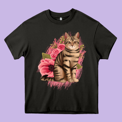 Floral Cat Heavy Core Tee Designed By Jasminsmagicworld