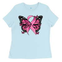 Baby Blue breast cancer ribbon  butterfly Ladies Tee - MaliasSmallBusiness