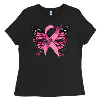 Black breast cancer ribbon  butterfly Ladies Tee - MaliasSmallBusiness