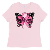 Bubblegum Pink breast cancer ribbon  butterfly Ladies Tee - MaliasSmallBusiness