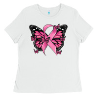 White breast cancer ribbon  butterfly Ladies Tee - MaliasSmallBusiness