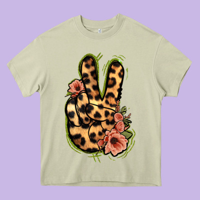 Leopard Floral Peace Sign Heavy Core Tee Designed By Jasminsmagicworld