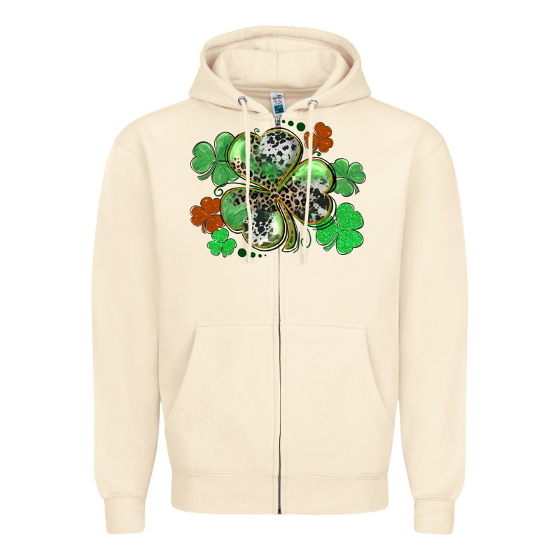 St. Patrick's Day Shamrock Leopard And Cowhide Zipper Hoodie by CowGirlArtShop | Teevron