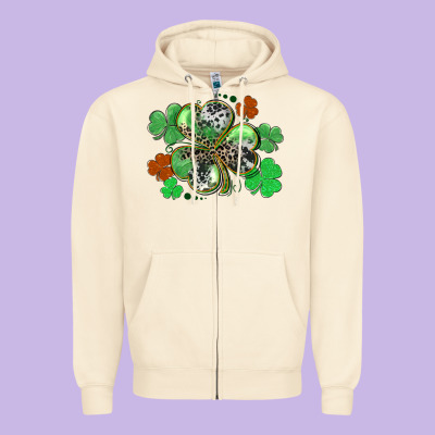 St. Patrick's Day Shamrock Leopard And Cowhide Zipper Hoodie Designed By Cowgirlartshop