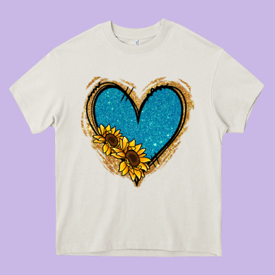 Gold Glitter Sunflower Blue Heart Heavy Core Tee Designed By Jasminsmagicworld
